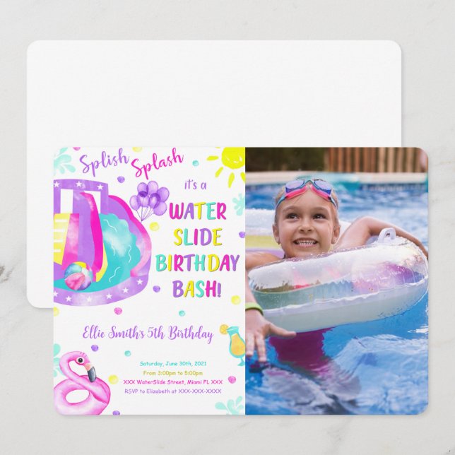 Editable Water Slide Birthday Photo Invitation (Front/Back)