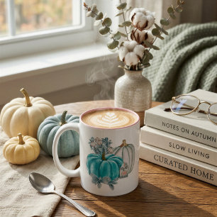 Editable Watercolor Blue Pink Pumpkin Name Autumn Two-Tone Coffee Mug