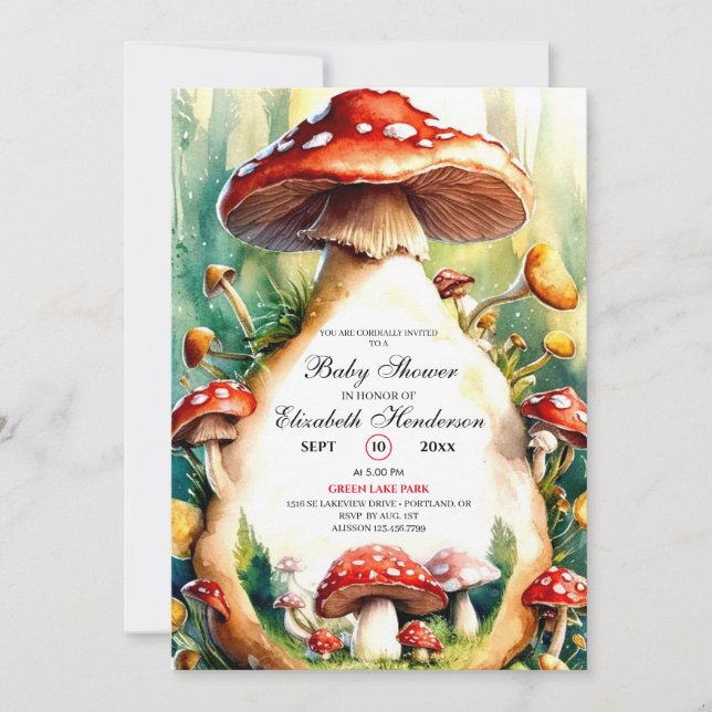 Editable Watercolor Mushroom Baby Shower Invitation (Front)