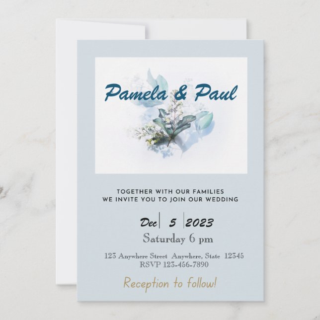 Editable Wedding Invitation Light Blue Flowers  (Front)