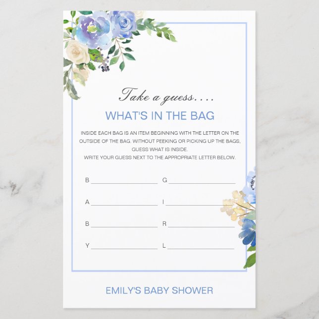 Editable What's in the Bag Baby Shower Game (Front)