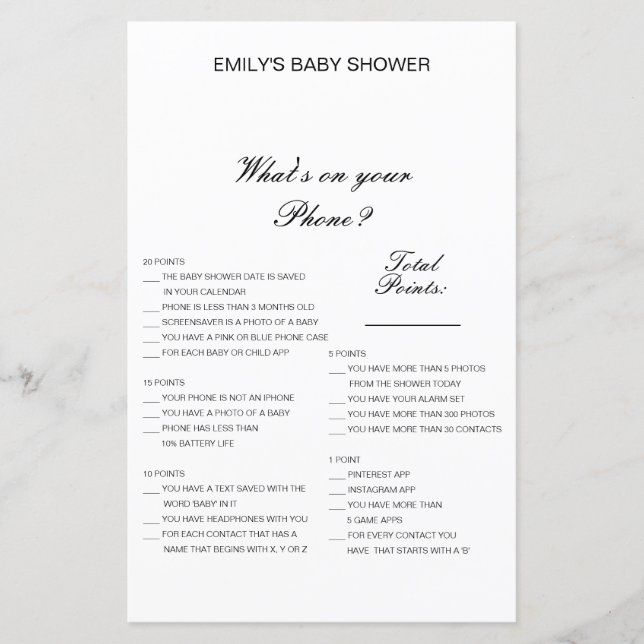 Editable What's on your Phone Baby Shower Game (Front)