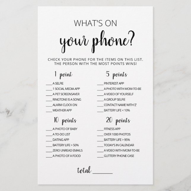 Editable What's on your phone Baby Shower Game (Front)