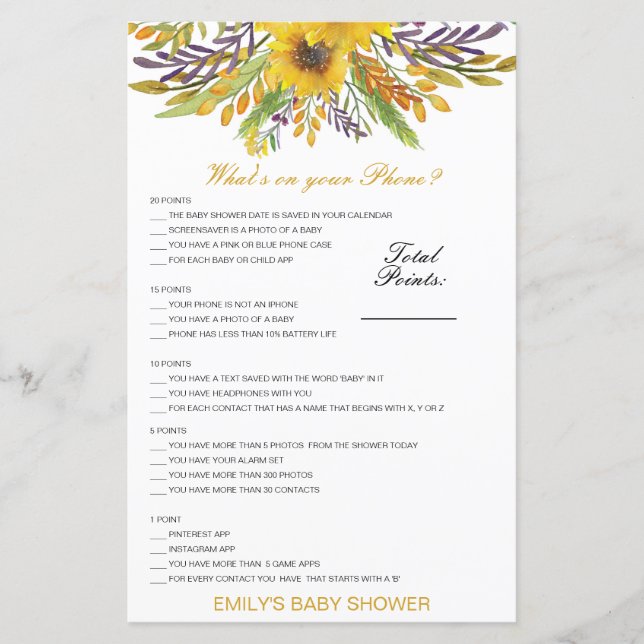 Editable What's on your Phone Baby Shower Game (Front)