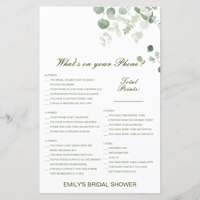 Editable What's on your Phone Bridal Shower Game (Front)