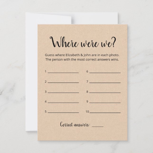 Editable Where Were We Bridal Shower game Card (Front)