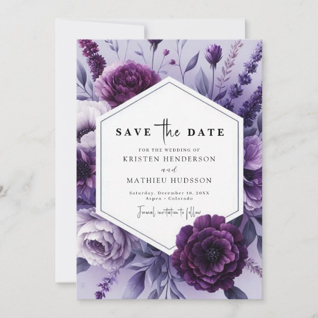 Editable Whimsical Purple Floral Wedding Save The Date (Front)