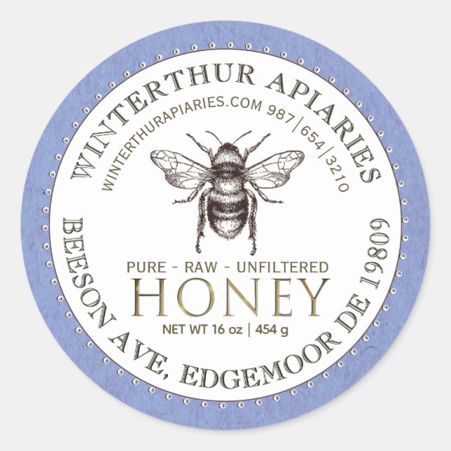 Editable White Blue Kraft Honey Jar Bee Label  (Front)