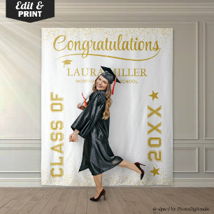 Editable White & Gold Graduation Photo Backdrop Tapestry