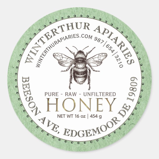 Editable White Green Kraft Honey Jar Bee Label  (Front)