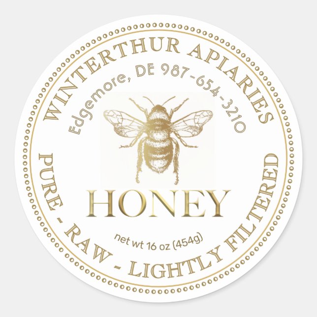 Editable White Honey Jar Label with Gold Bee (Front)