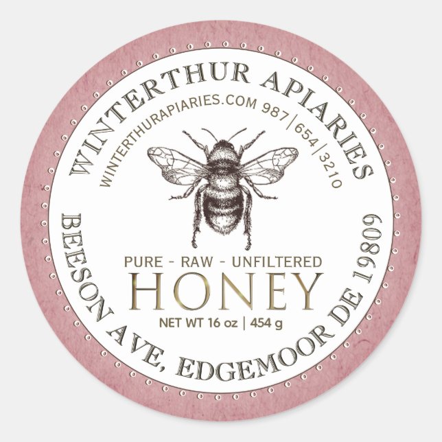 Editable White Rose Kraft Honey Jar Bee Label  (Front)