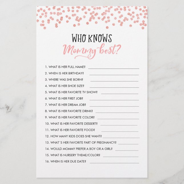 Editable Who knows Mommy Best? Baby Shower Game (Front)