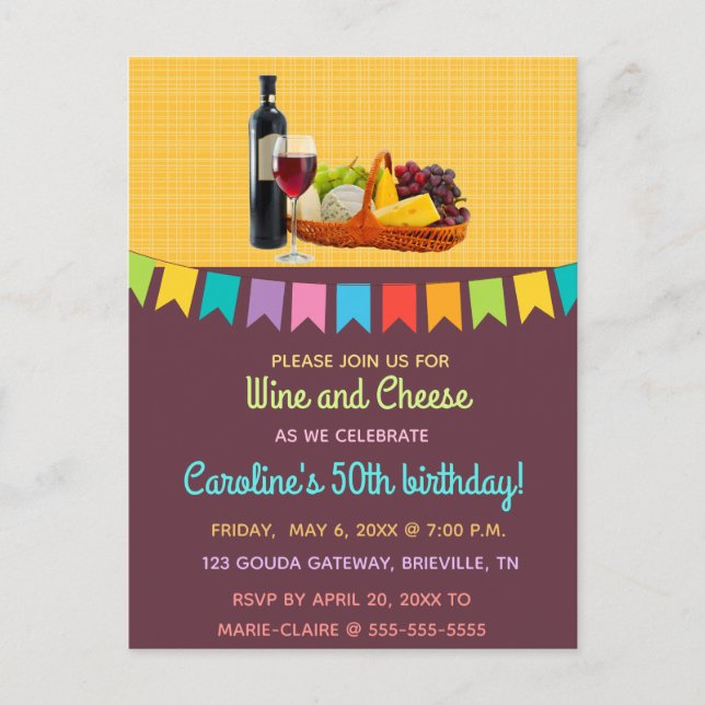Editable Wine and Cheese Birthday Party Invitation Postcard (Front)