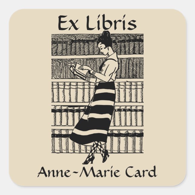 Editable Woman Reading in a Library Bookplate Square Sticker (Front)