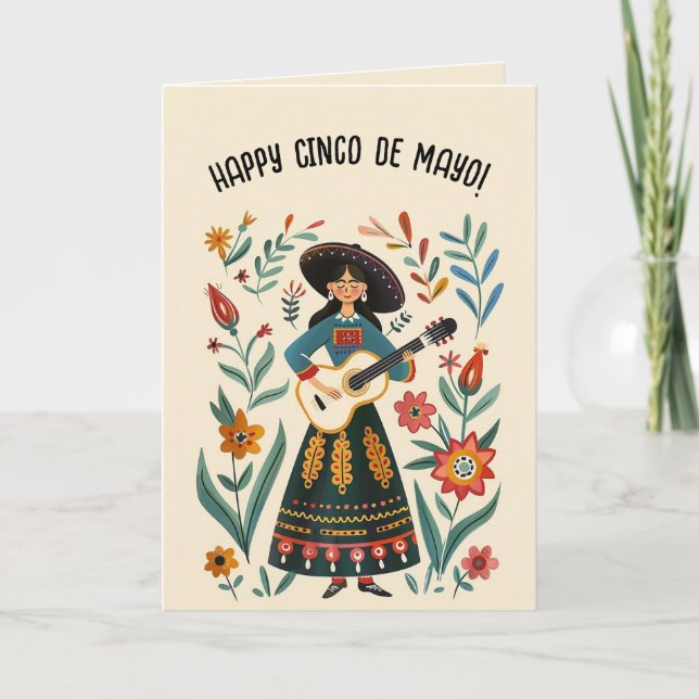 Editable Woman With Guitar Happy Cinco de Mayo  Card (Front)