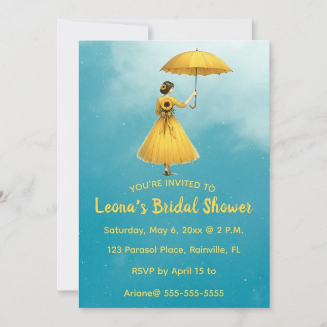 Editable Woman With Yellow Umbrella Bridal Shower Invitation (Front)
