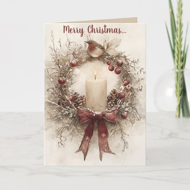 Editable Wreath Candle and Bird Merry Christmas Card (Front)