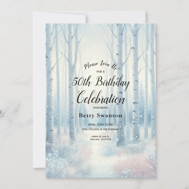Editable Year Frosted Blue Birch Forest Birthday  Invitation (Front)