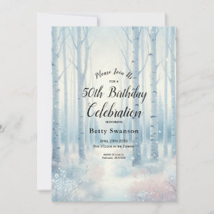 Editable Year Frosted Blue Birch Forest Birthday  Invitation