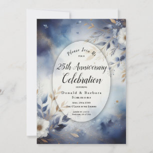 Editable Year Navy Blue Gold Floral Anniversary  Invitation