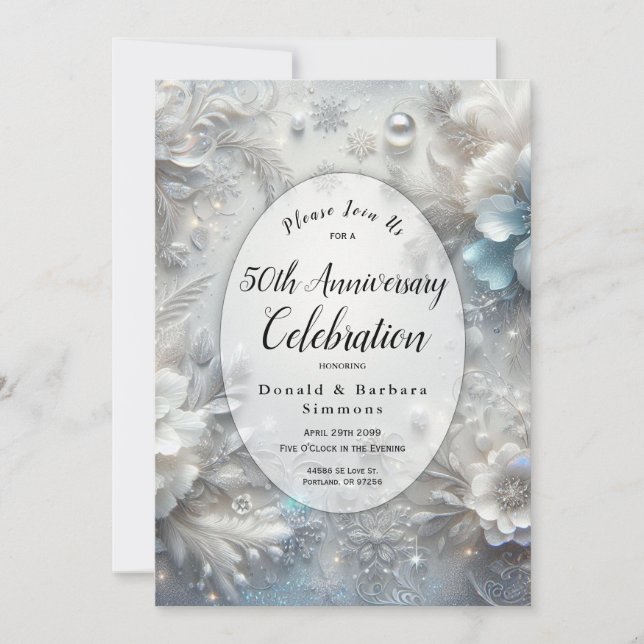 Editable Year Snowy Petals in Bloom Anniversary Invitation (Front)