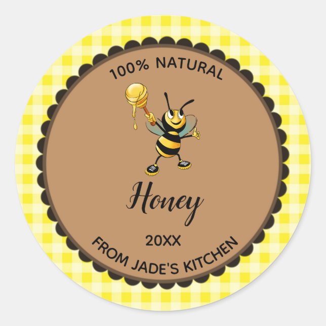 Editable Yellow Gingham Honey Bee Label Stickers (Front)