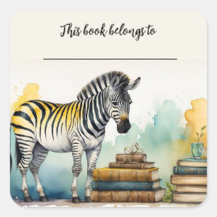 Editable Zebra and Books Bookplate Sticker
