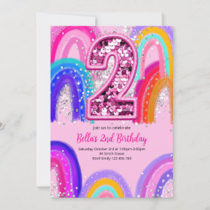 EditableGirls Pink 2nd Birthday Rainbow Invitation