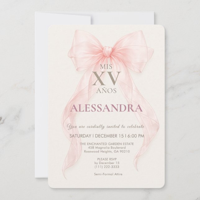 Editorial Blush Pink Bow Quinceañera Invitation (Front)