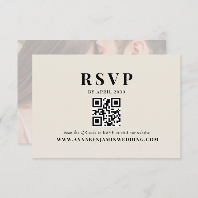 Editorial Ivory Photo QR Code Wedding RSVP Card (Front/Back)