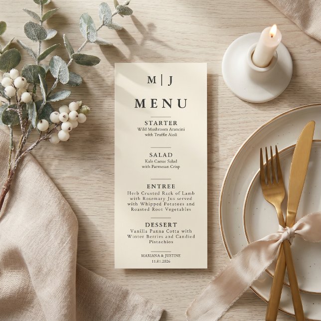 Editorial Minimalist Winter Wedding Monogram  Menu (Editorial Minimalist Winter Wedding Monogram Menu)
