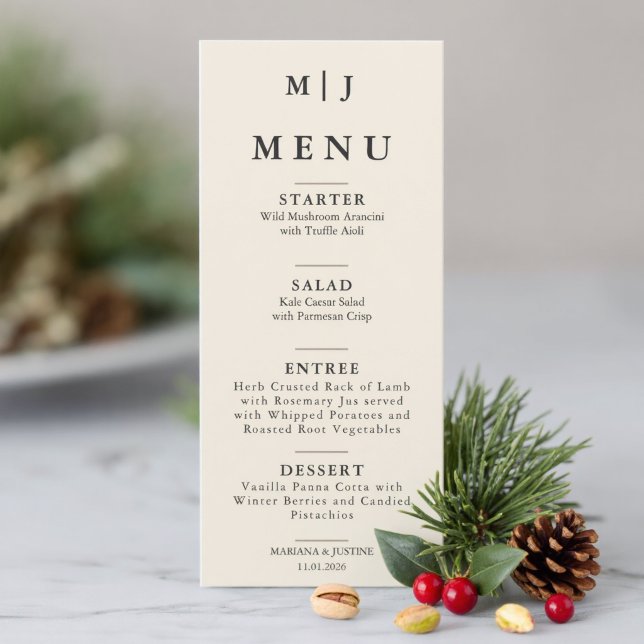 Editorial Minimalist Winter Wedding Monogram  Menu (Editorial Minimalist Winter Wedding Monogram Menu)