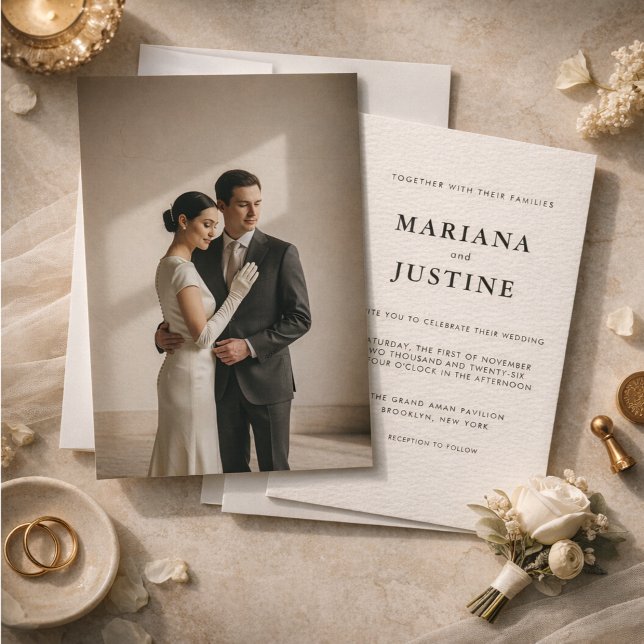 Editorial Minimalist Winter Wedding Photo Layout  Invitation (Editorial Minimalist Winter Wedding Photo Layout | Modern Couple Script Wedding Invitation )