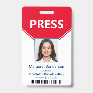 Editorial Press Pass Photo Bar Code ID Badge