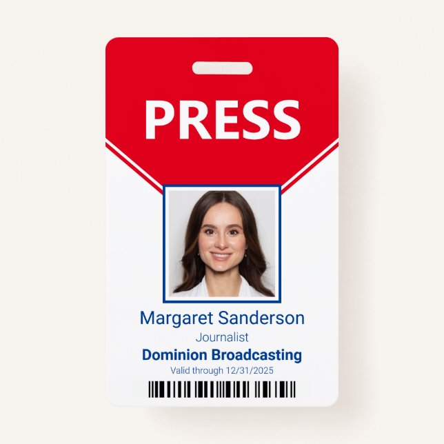 Editorial Press Pass Photo Bar Code ID Badge (Front)