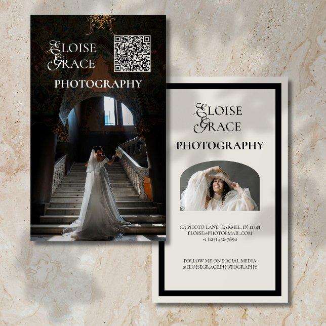Editorial Script Qr Code and Photo Professional Business Card (Elegant and professional agent business card that makes a great first impression!)