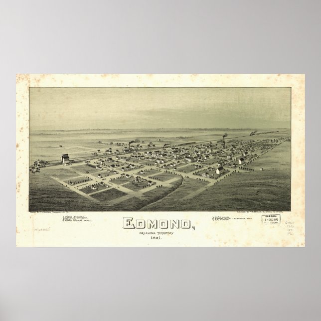 Edmond Oklahoma 1891 Antique Panoramic Map Poster (Front)