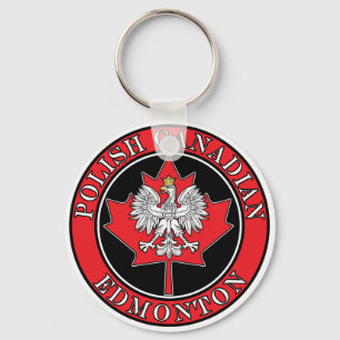 Edmonton Round Polish Canadian Leaf Keychain
