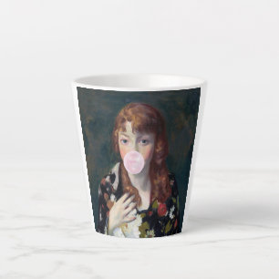 Edna blowing a pink bubble gum latte mug