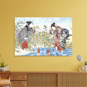 Edo Period Ukiyo-e Women Blue River Yellow Flowers Canvas Print
