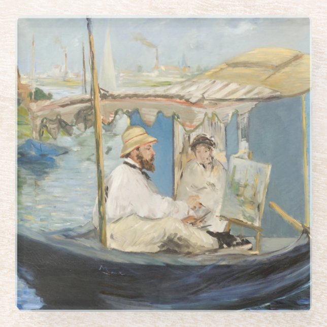 Edouard Manet - Monet Painting on His Studio Boat Glass Coaster (Front)