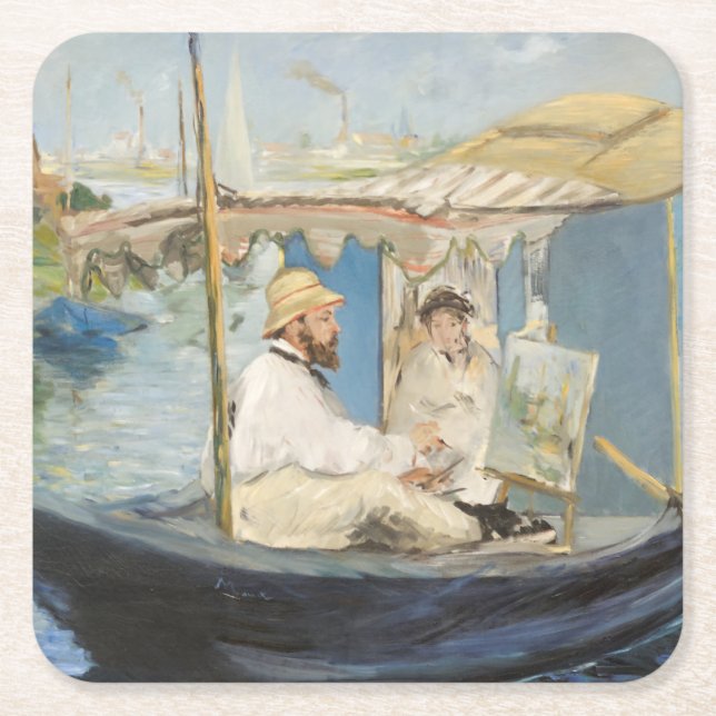 Edouard Manet - Monet Painting on His Studio Boat Square Paper Coaster (Front)