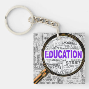 Education Concept Magnifying Glass Word Cloud Keychain