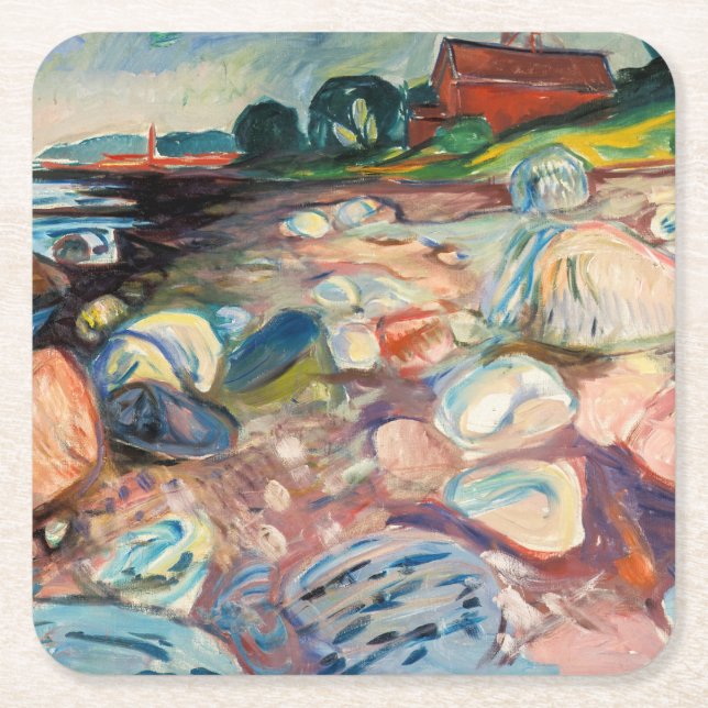 Edvard Munch - Shore with Red House Square Paper Coaster (Front)