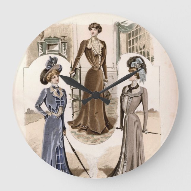 Edwardian Glam Vintage Fashion Illustration  Large Clock (Front)
