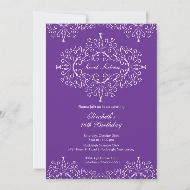 Eegant Purple Sweet Sixteen Birthday Invitation (Front)