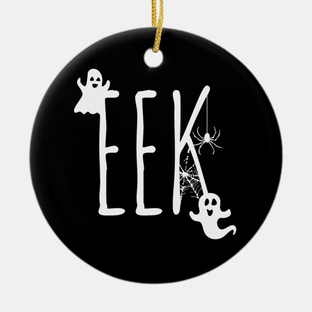 Eek Whimsical Ghosts & Spider Halloween Black Ceramic Ornament (Front)