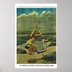 Eel attack - 1913 French newspaper print