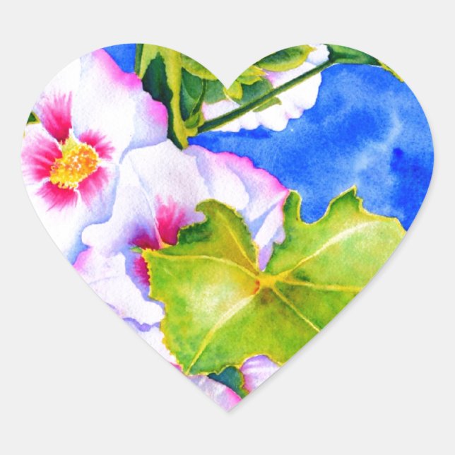 Eelgant pink watercolor floral Hollyhocks Heart Sticker (Front)